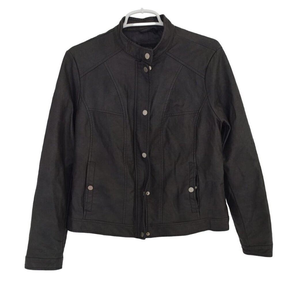 Bernardo women's grey faux leather jacket with snap buttons and zip closure.